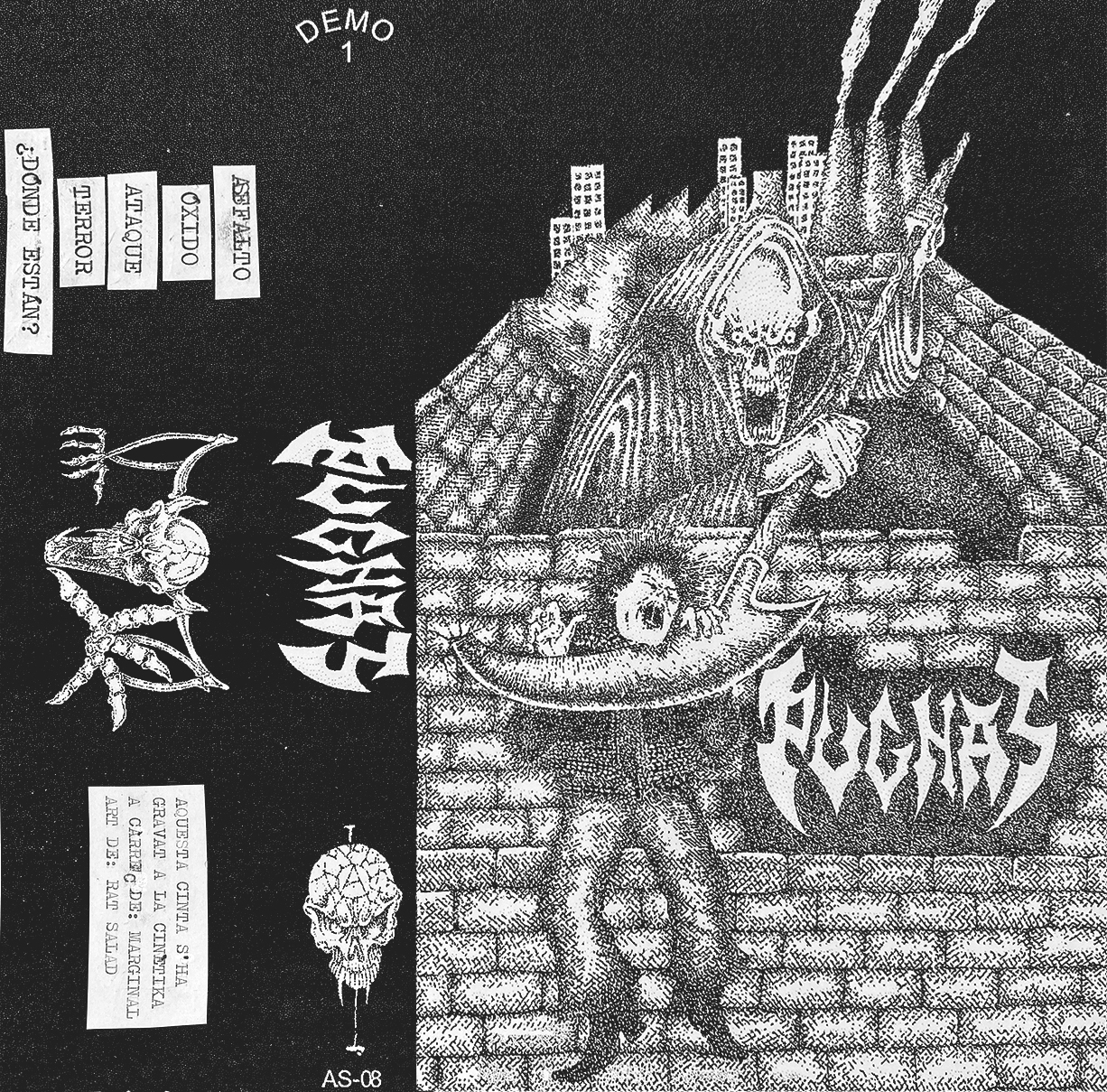 Il·lustració de Rat Salad, portada de la demo de Pugnas. La mort sobresurt per sobre d&rsquo;un mur de totxanes i amb la seva dalla escanya a un punk que està a l&rsquo;altra banda del mur. De fons, una ciutat i un cel negre.